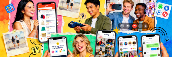 不同文化背景的消费者在手机上进行购物和社交互动的场景拼贴，包含欧美、亚洲面孔