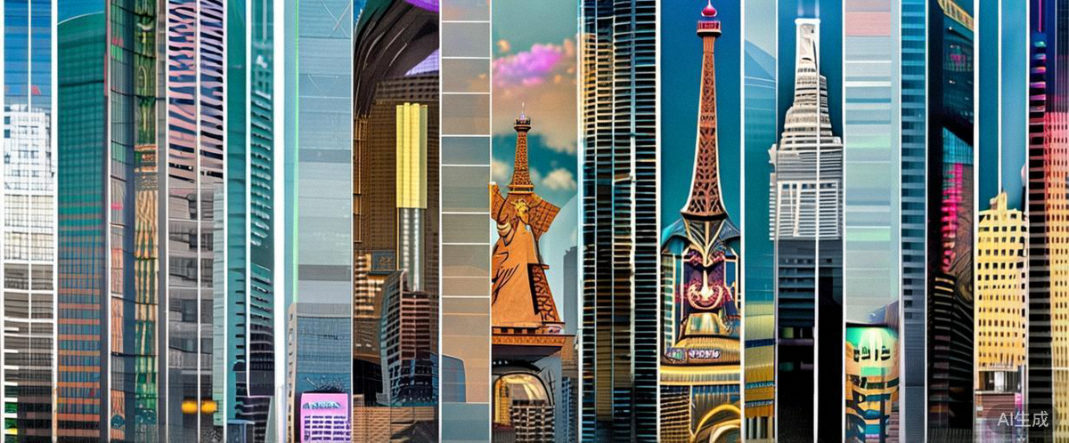 国际品牌在全球不同城市地标性建筑上展示广告的蒙太奇效果图，象征着品牌全球影响力