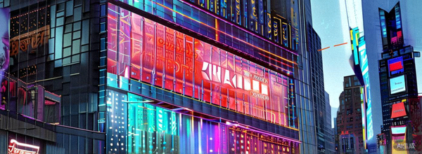 国际品牌在纽约时代广场巨型广告牌上亮相的壮观场景，象征品牌国际化