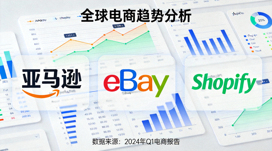 全球电商趋势分析图表与亚马逊、eBay、Shopify三大平台Logo重叠显示的示意图，象征着对平台策略的深度解析