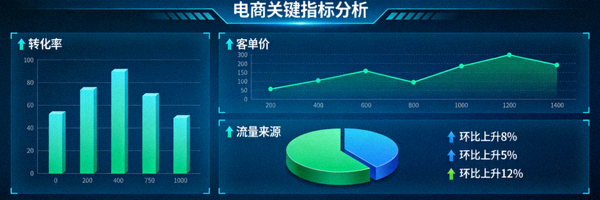 数据仪表盘上显示着电商关键指标如转化率、客单价、流量来源的分析图，配有上升箭头