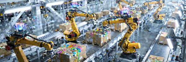 现代化的国际物流仓库内景，机器人与传送带正在分拣包裹