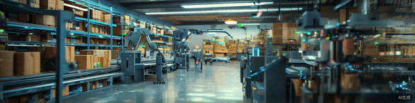 现代化的国际物流仓库内景，机器人与传送带正在分拣包裹