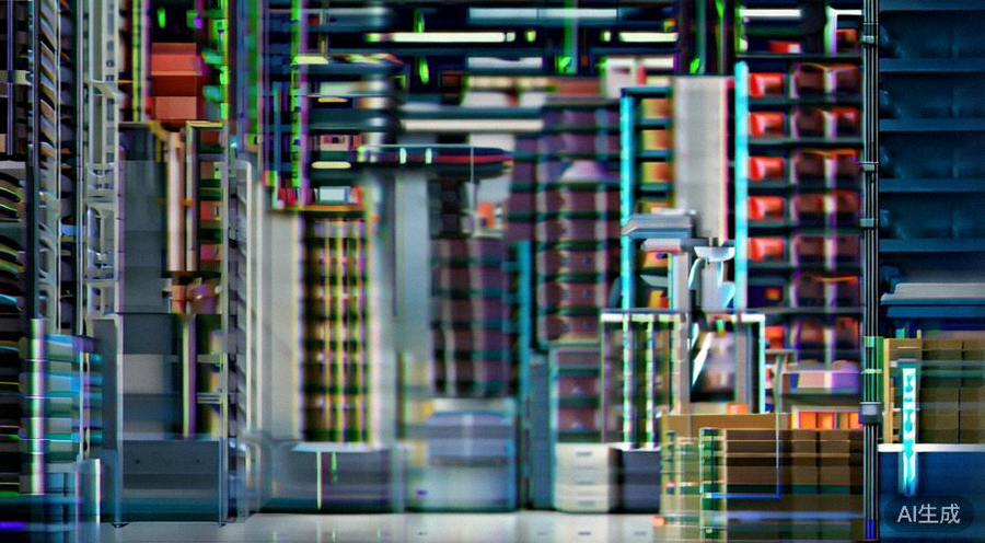 现代化的国际物流仓库内景，自动导引运输车AGV与机械臂正在协同进行高效的分拣与包装作业