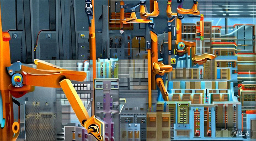 现代化的自动化国际物流仓库内景，橙色机械臂与智能传送带正在高效分拣和搬运各种尺寸的包裹