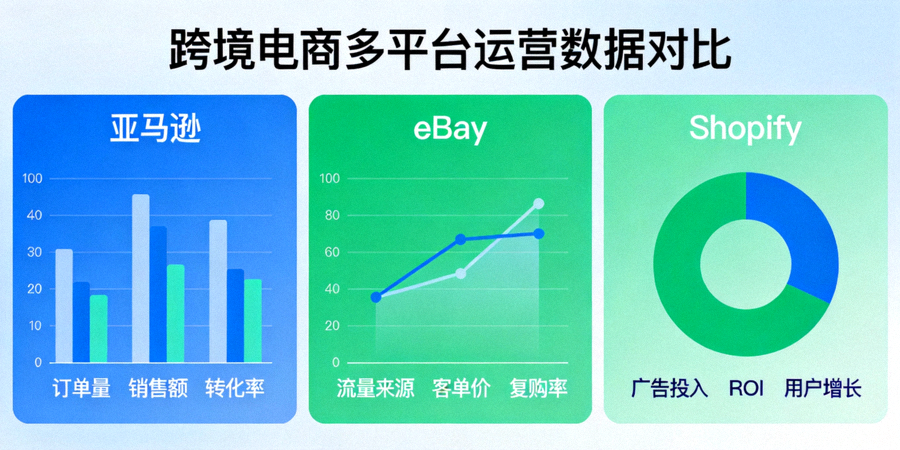 一个卖家后台数据仪表盘的模拟图，同时展示亚马逊、eBay、Shopify三个平台的关键运营指标对比可视化图表