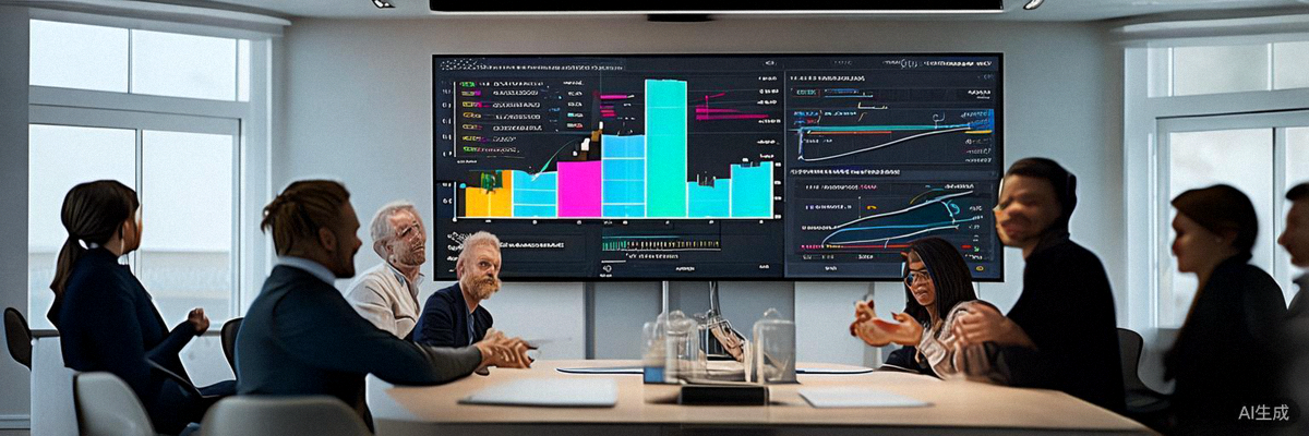 一个团队正在会议室的大屏幕前讨论数据看板，屏幕上显示着销售增长曲线和用户分群画像