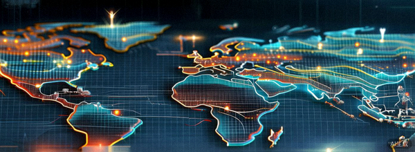 智能物流系统在全球地图上可视化展示货物流动路径与节点，体现供应链优化