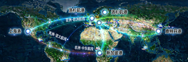 智能物流与数据系统在全球地图上可视化展示，货物、资金、数据流同步运转