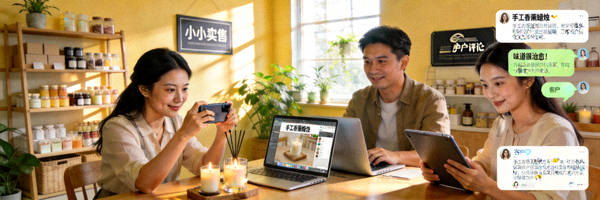 中小卖家团队正在通过社交媒体进行内容创作与客户互动的场景