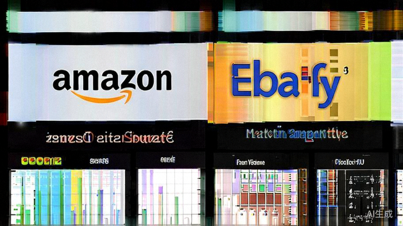 亚马逊、eBay、Shopify三大跨境平台Logo对比图，并附有核心运营指标对比数据可视化图表