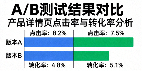 A/B测试结果可视化图表，对比两个不同版本的产品详情页在点击率和转化率上的差异