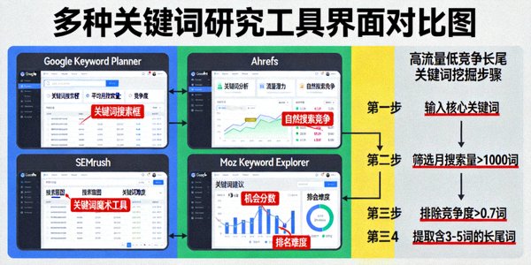 多种关键词研究工具界面对比图，展示如何挖掘高流量低竞争的长尾关键词