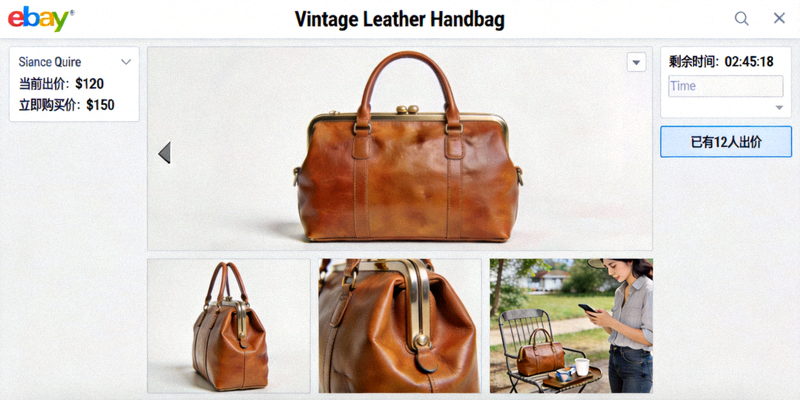 eBay拍卖列表页面截图，展示成功的拍卖定价策略、吸引人的主图和多角度展示图