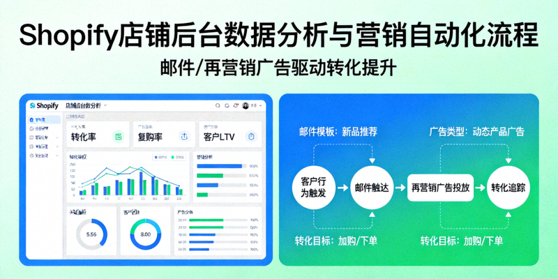 Shopify店铺后台数据分析面板与营销自动化流程示意图，展示如何通过邮件、再营销广告提升转化