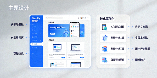 Shopify独立站主题设计界面与转化率优化工具示意图