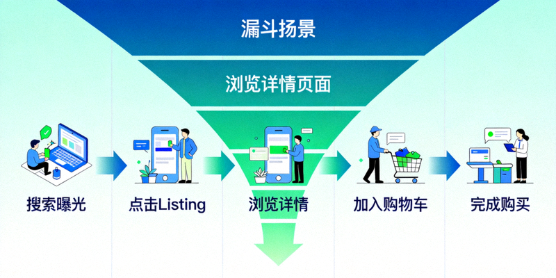 亚马逊销售漏斗图：展示从搜索曝光、点击Listing、浏览详情到加入购物车和完成购买的完整转化路径分析