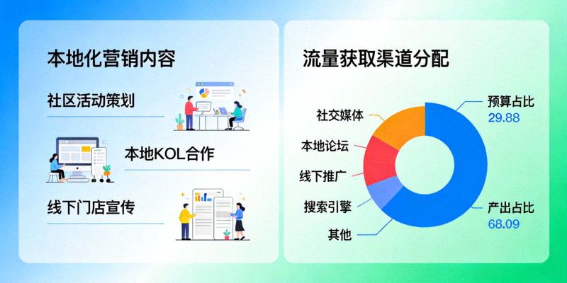 本地化营销内容示例与流量获取渠道分配饼图，展示各渠道预算与产出占比