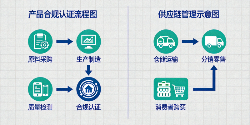 产品合规认证流程图与供应链管理示意图，展示从工厂到消费者手中的各个环节