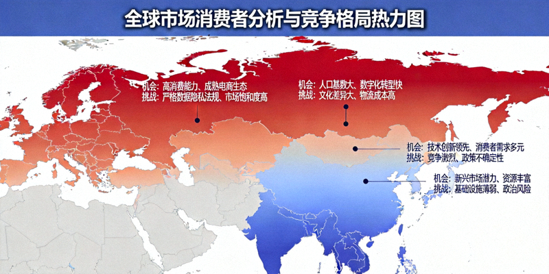 全球各大市场消费者分析与竞争格局热力图，标注出不同区域的机会与挑战