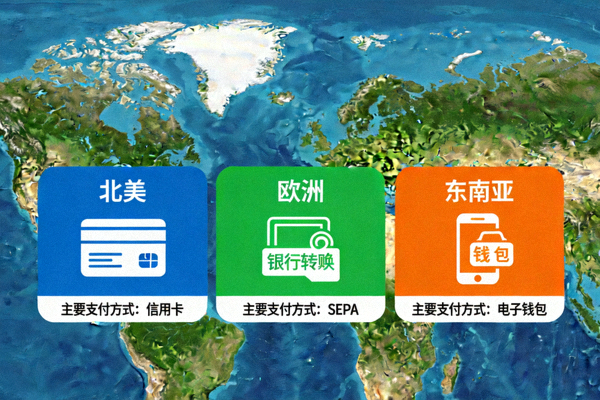 全球各地区主要本地化支付方式图解，如北美的信用卡、欧洲的SEPA、东南亚的电子钱包等