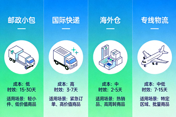 四种主要跨境电商物流模式对比分析可视化图表，展示成本、时效和适用场景