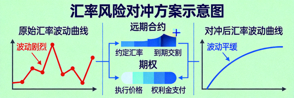 汇率风险对冲方案示意图：展示远期合约、期权等金融工具如何平滑汇率波动曲线