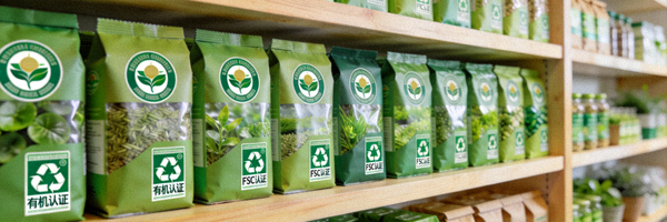 绿色环保包装和带有可持续认证标志的商品陈列，代表可持续消费理念