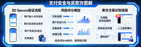支付安全与反欺诈图解：展示3D Secure验证、风险评分模型和欺诈交易识别流程