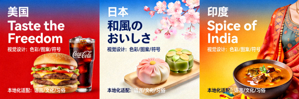 不同国家文化的营销素材对比，展示广告文案与视觉设计的本地化适配