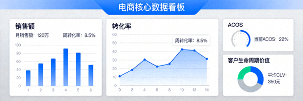 电商数据分析看板展示销售额、转化率、ACOS、客户生命周期价值等核心指标