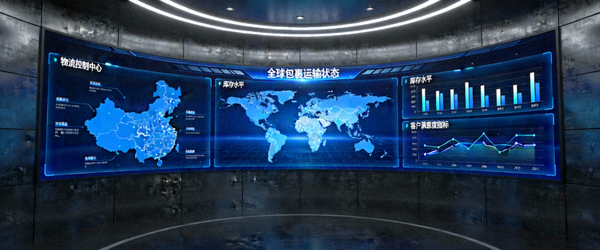 现代化的物流控制中心大屏，实时显示全球包裹运输状态、库存水平及客户满意度指标