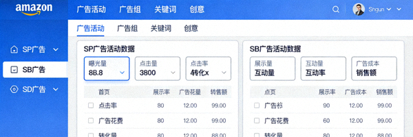 亚马逊广告管理后台截图展示SP、SB广告活动数据仪表盘