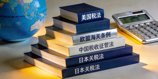 各国税务法规与海关政策文件堆叠，背景是地球仪和计算器