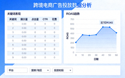 跨境电商广告投放后台数据分析界面，展示关键词表现与ROAS
