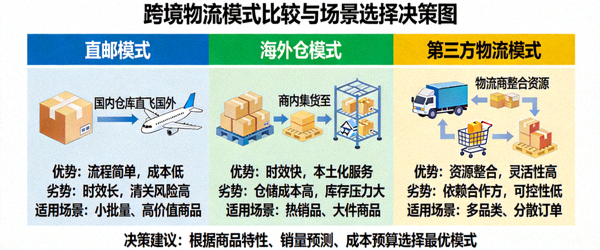 跨境物流模式比较与场景选择决策图，对比直邮、海外仓、第三方物流优劣