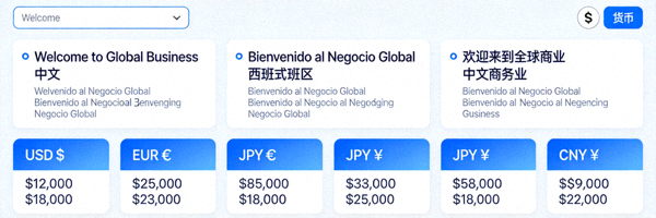 全球化商业网站与应用开发界面，展示多语言和多货币支持功能