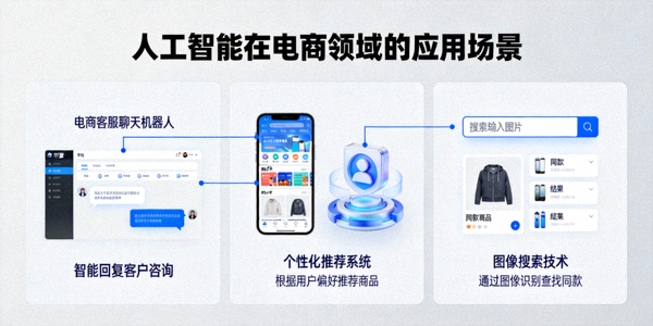 人工智能AI在电商客服聊天机器人、个性化推荐和图像搜索中的应用场景示意图