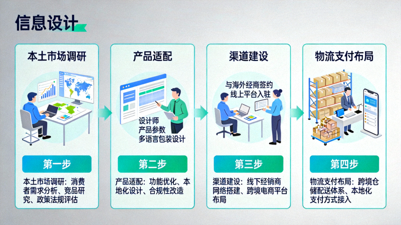 品牌全球化旅程图：展示从本土市场调研、产品适配、渠道建设到物流支付布局的完整阶段流程图