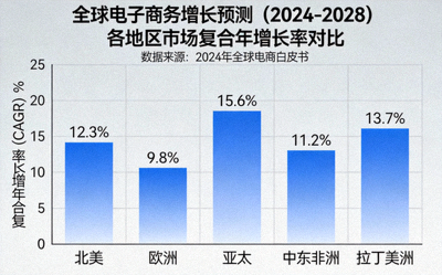 全球电子商务增长预测图表：显示各地区市场未来五年的复合年增长率（CAGR）柱状图