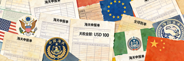 海关申报文件、税单与全球各国海关标志的拼贴示意图