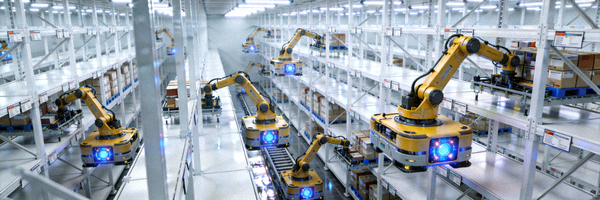 现代化海外仓储内部，自动化机器人正在货架间穿梭拣选商品