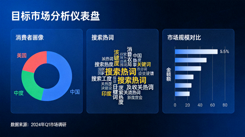 目标市场分析仪表盘，展示不同国家消费者画像、搜索热词和市场规模对比的可视化图表
