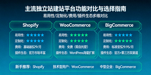 Shopify、WooCommerce、BigCommerce等主流独立站建站平台功能对比与选择指南图解